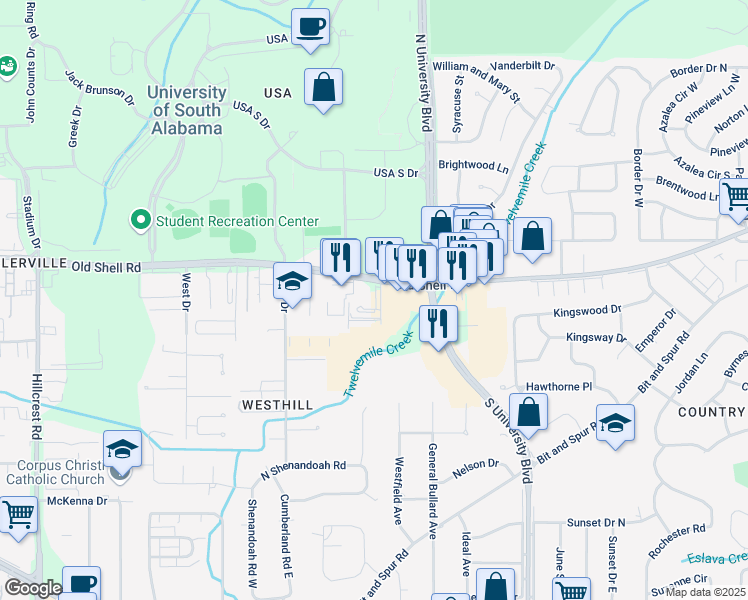 map of restaurants, bars, coffee shops, grocery stores, and more near 5803 Old Shell Road in Mobile
