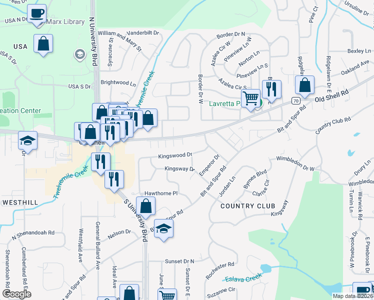 map of restaurants, bars, coffee shops, grocery stores, and more near 4459 Kingswood Drive in Mobile