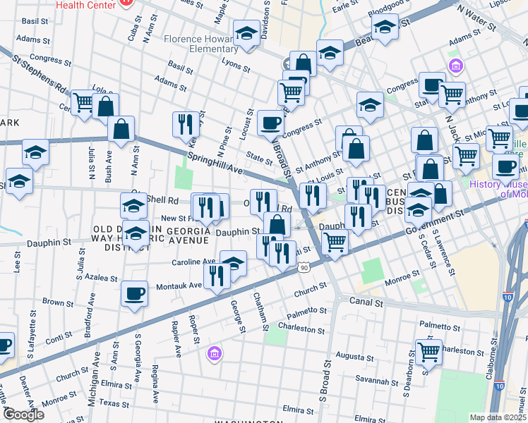 map of restaurants, bars, coffee shops, grocery stores, and more near 965 Old Shell Road in Mobile
