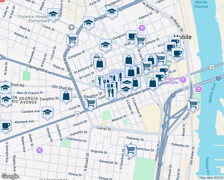 map of restaurants, bars, coffee shops, grocery stores, and more near 615 Dauphin Street in Mobile