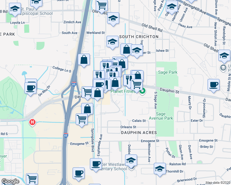 map of restaurants, bars, coffee shops, grocery stores, and more near 11 Midtown Park East in Mobile