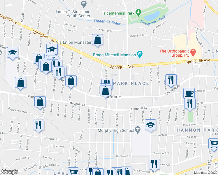 map of restaurants, bars, coffee shops, grocery stores, and more near 2107 Upham Court in Mobile