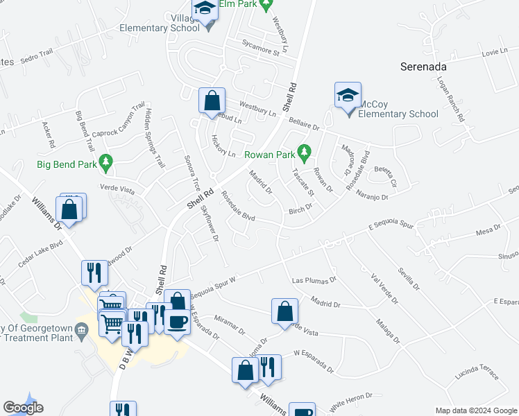 map of restaurants, bars, coffee shops, grocery stores, and more near 1110 Boxwood Loop in Georgetown