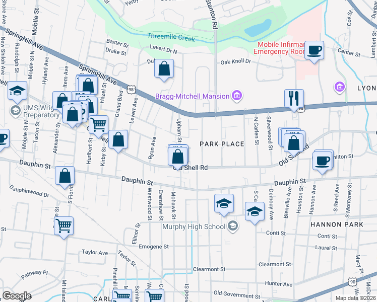 map of restaurants, bars, coffee shops, grocery stores, and more near 66 Upham Street in Mobile