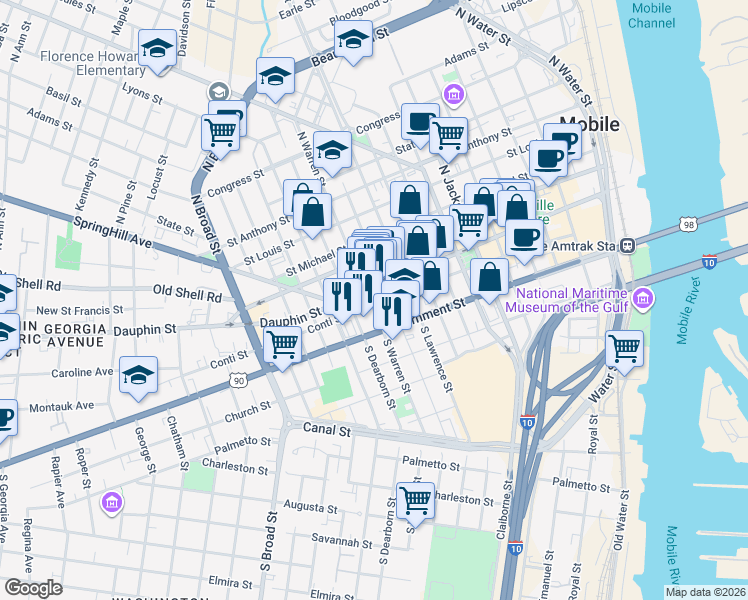 map of restaurants, bars, coffee shops, grocery stores, and more near 558 Conti Street in Mobile