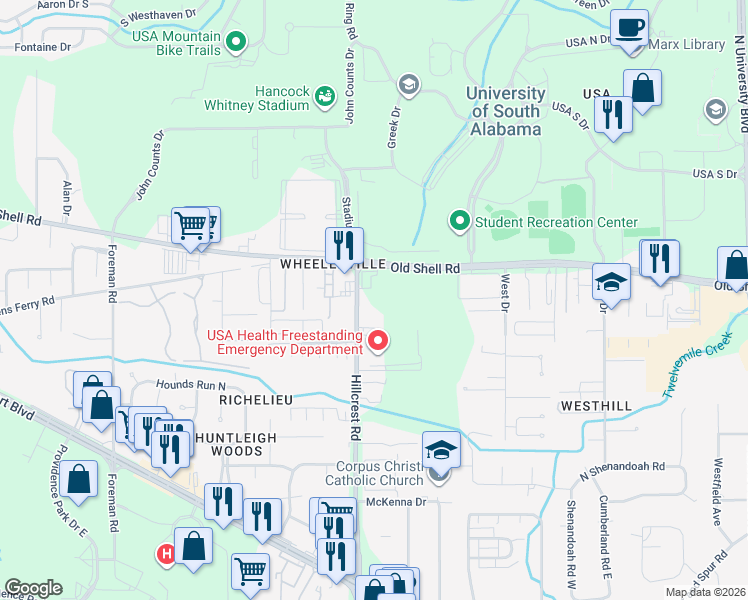 map of restaurants, bars, coffee shops, grocery stores, and more near 59 Hillcrest Road in Mobile