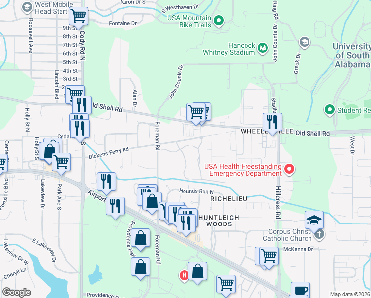 map of restaurants, bars, coffee shops, grocery stores, and more near 101 Foreman Road in Mobile
