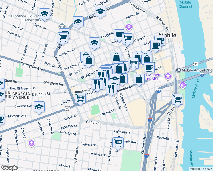 map of restaurants, bars, coffee shops, grocery stores, and more near 558 Conti Street in Mobile