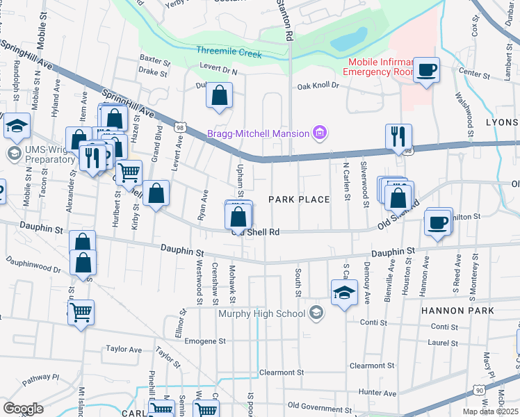 map of restaurants, bars, coffee shops, grocery stores, and more near 66 Upham Street in Mobile