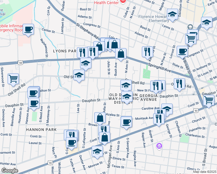 map of restaurants, bars, coffee shops, grocery stores, and more near 17 North Julia Street in Mobile