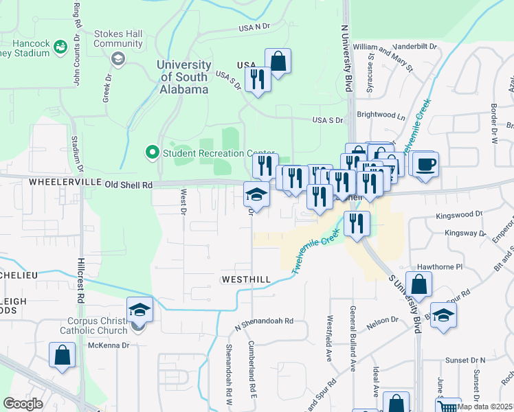 map of restaurants, bars, coffee shops, grocery stores, and more near 71 Allen Drive in Mobile