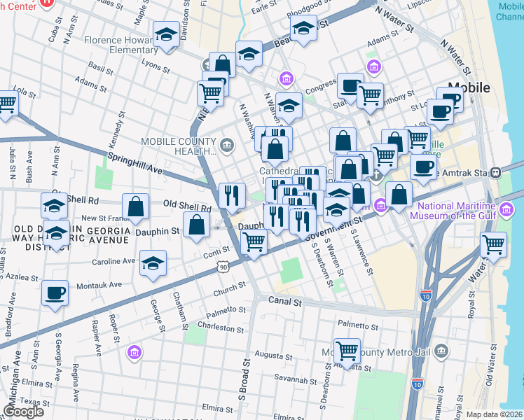 map of restaurants, bars, coffee shops, grocery stores, and more near 753 Saint Francis Street in Mobile