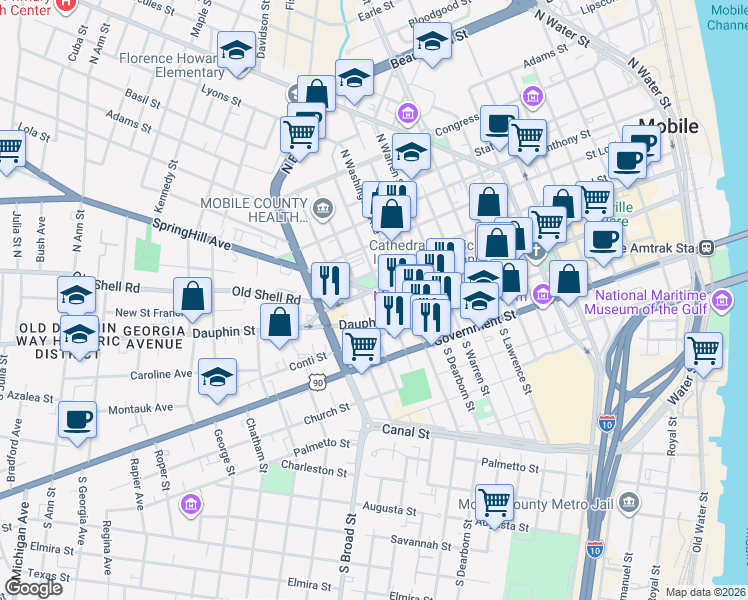 map of restaurants, bars, coffee shops, grocery stores, and more near 7 North Bayou Street in Mobile