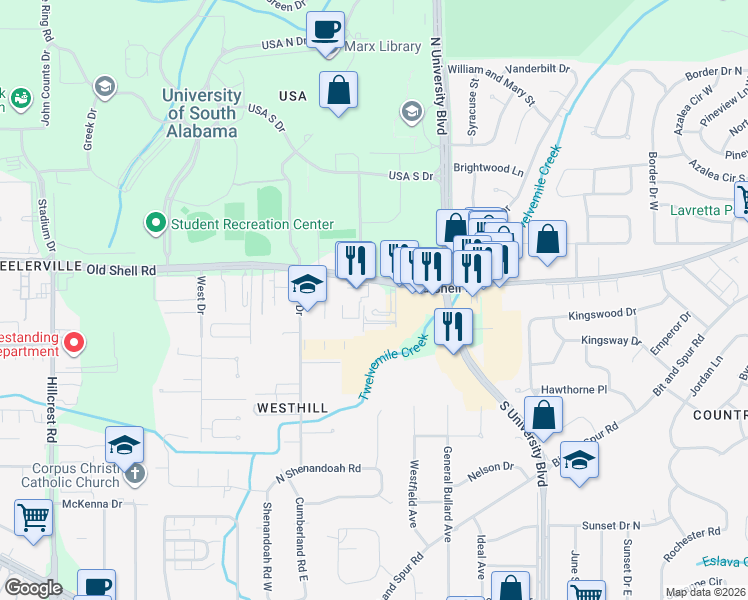 map of restaurants, bars, coffee shops, grocery stores, and more near 5811 Old Shell Road in Mobile