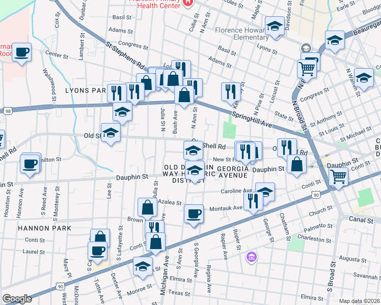 map of restaurants, bars, coffee shops, grocery stores, and more near 1301 Chamberlain Avenue in Mobile