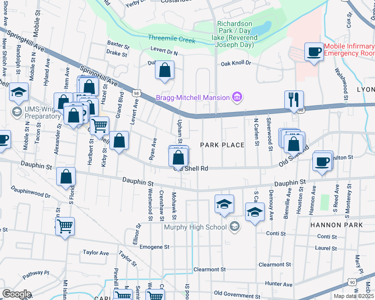 map of restaurants, bars, coffee shops, grocery stores, and more near 2108 Upham Court in Mobile