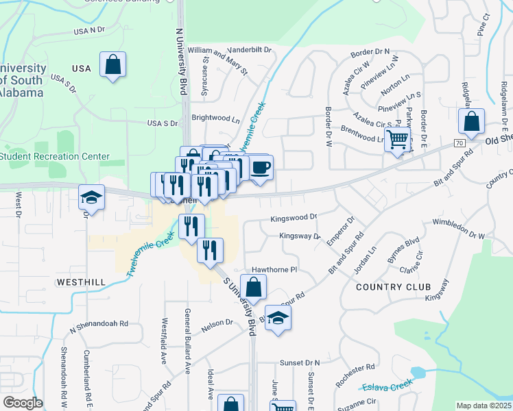 map of restaurants, bars, coffee shops, grocery stores, and more near 5453 Old Shell Road in Mobile