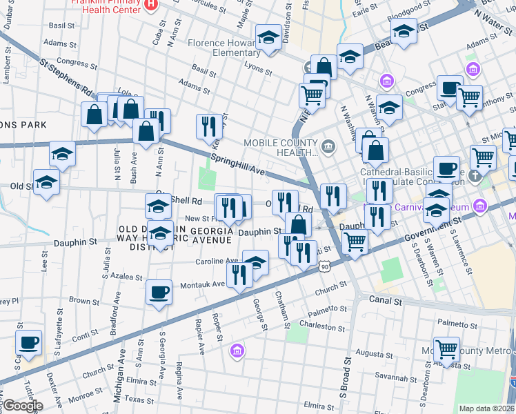 map of restaurants, bars, coffee shops, grocery stores, and more near 1009 New Saint Francis Street in Mobile