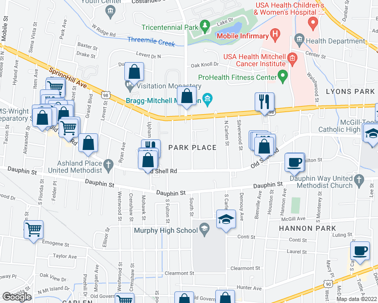 map of restaurants, bars, coffee shops, grocery stores, and more near 119 Tuscaloosa Street in Mobile