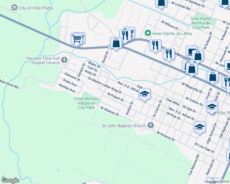 map of restaurants, bars, coffee shops, grocery stores, and more near 1308 West Peach Street in Ville Platte