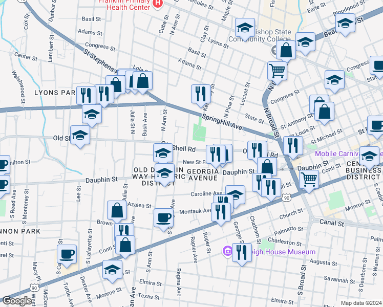 map of restaurants, bars, coffee shops, grocery stores, and more near 1161 Old Shell Road in Mobile