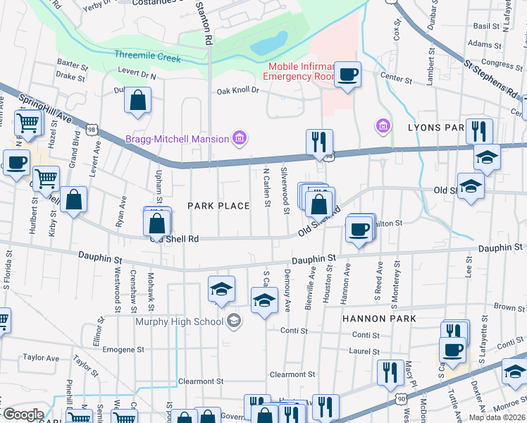 map of restaurants, bars, coffee shops, grocery stores, and more near 110 North Carlen Street in Mobile