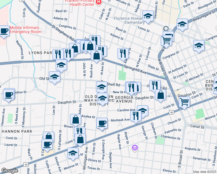 map of restaurants, bars, coffee shops, grocery stores, and more near 16 North Ann Street in Mobile