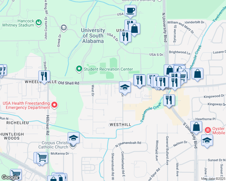 map of restaurants, bars, coffee shops, grocery stores, and more near 97 Center Drive in Mobile
