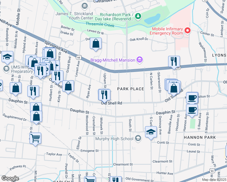 map of restaurants, bars, coffee shops, grocery stores, and more near 2101 Upham Court in Mobile