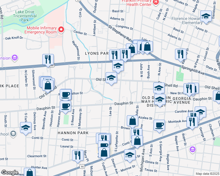 map of restaurants, bars, coffee shops, grocery stores, and more near 1501 Old Shell Road in Mobile