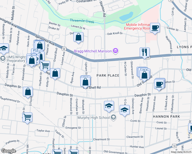 map of restaurants, bars, coffee shops, grocery stores, and more near 119 Florence Place in Mobile