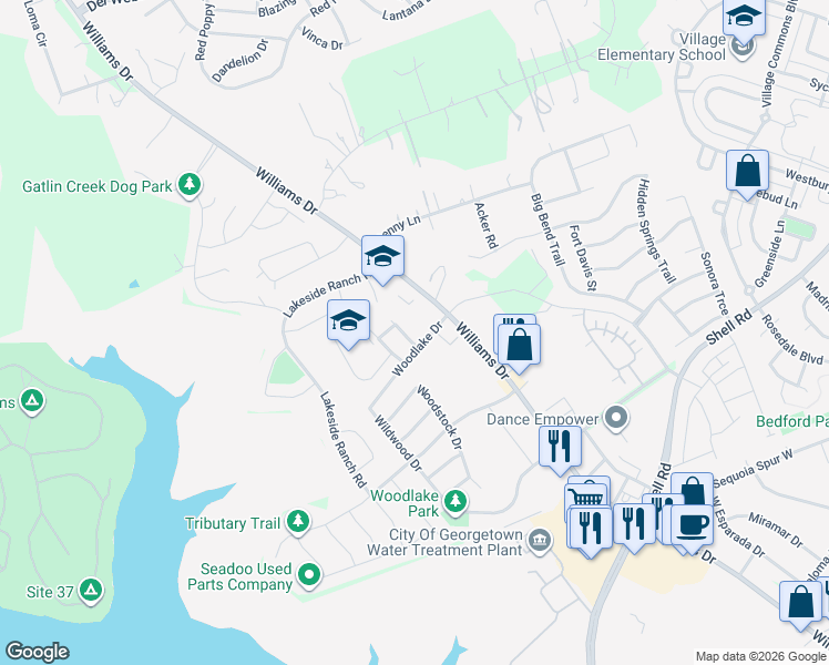 map of restaurants, bars, coffee shops, grocery stores, and more near 211 Woodlake Drive in Georgetown