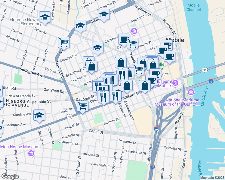 map of restaurants, bars, coffee shops, grocery stores, and more near 504 Government Street in Mobile
