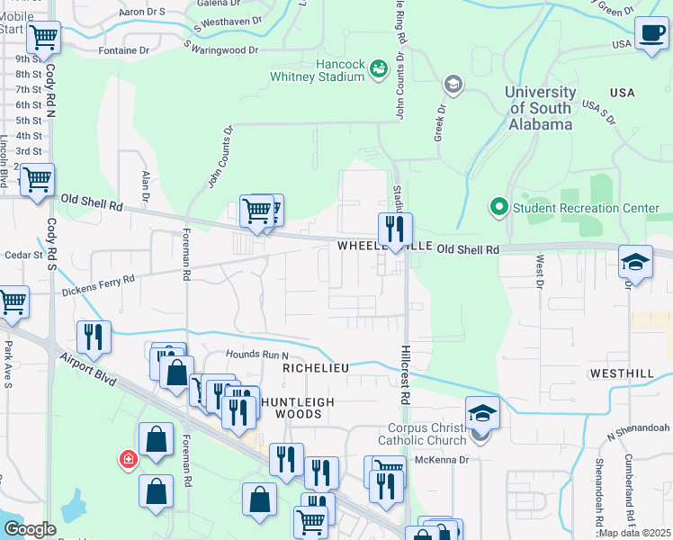 map of restaurants, bars, coffee shops, grocery stores, and more near 6478 Cedar Bend Court in Mobile