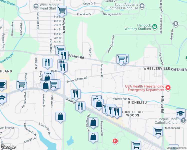 map of restaurants, bars, coffee shops, grocery stores, and more near 6933 Dickens Ferry Road in Mobile
