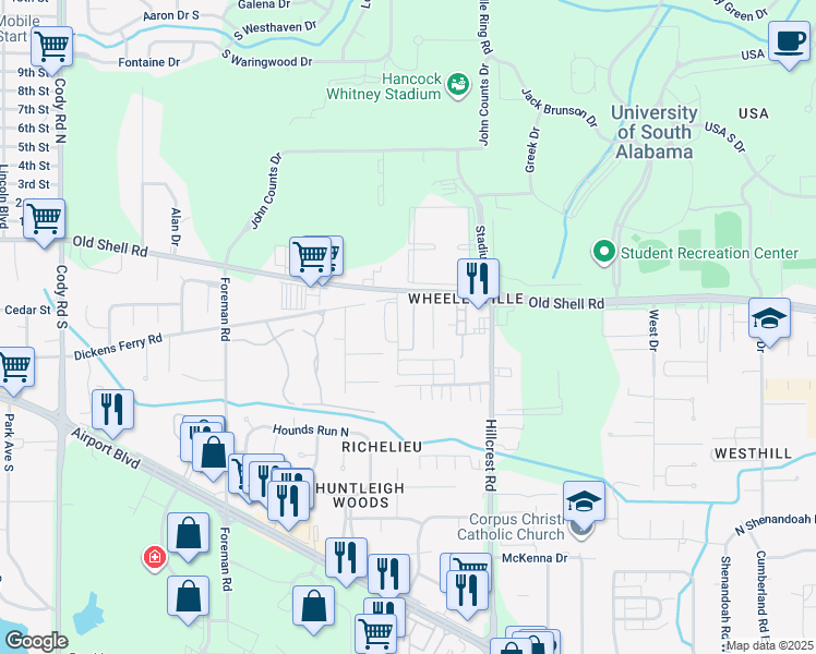 map of restaurants, bars, coffee shops, grocery stores, and more near 6478 Cedar Bend Court in Mobile