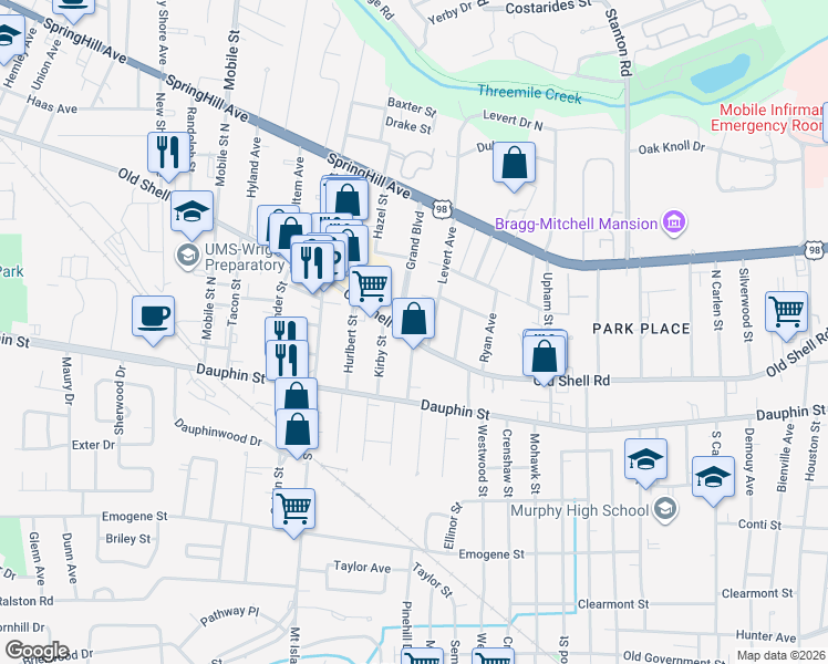 map of restaurants, bars, coffee shops, grocery stores, and more near 112 Grand Boulevard in Mobile