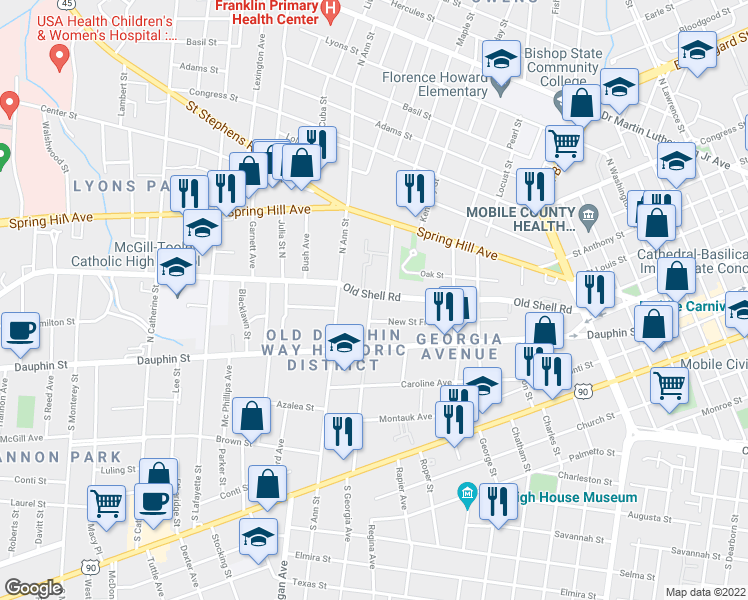 map of restaurants, bars, coffee shops, grocery stores, and more near 1205 Old Shell Road in Mobile