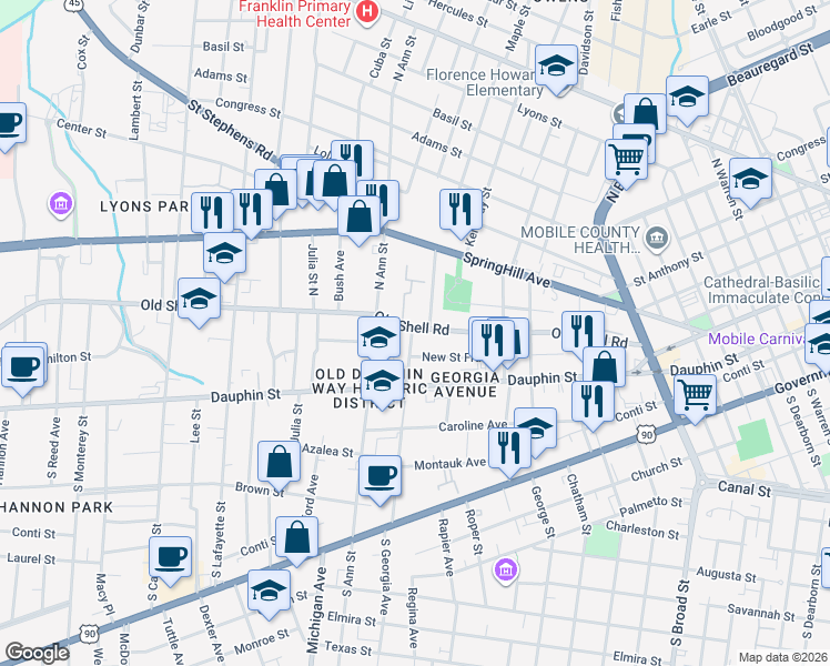 map of restaurants, bars, coffee shops, grocery stores, and more near 1205 Old Shell Road in Mobile