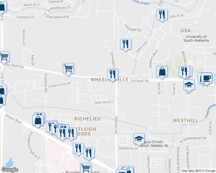 map of restaurants, bars, coffee shops, grocery stores, and more near 6483 Old Shell Road in Mobile