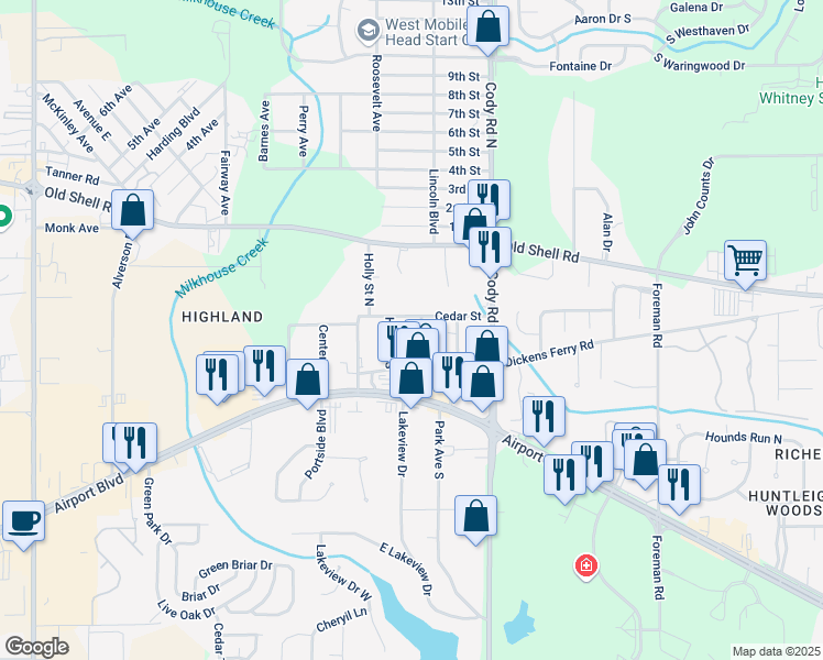 map of restaurants, bars, coffee shops, grocery stores, and more near 7200 Cedar Street in Mobile