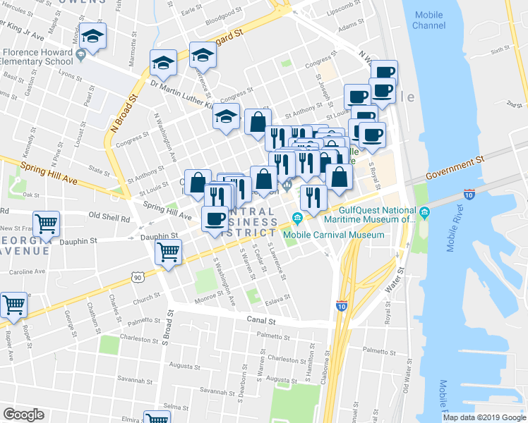 map of restaurants, bars, coffee shops, grocery stores, and more near 448 Conti Street in Mobile