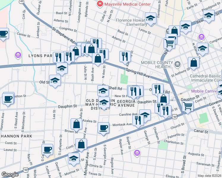 map of restaurants, bars, coffee shops, grocery stores, and more near 63 North Georgia Avenue in Mobile