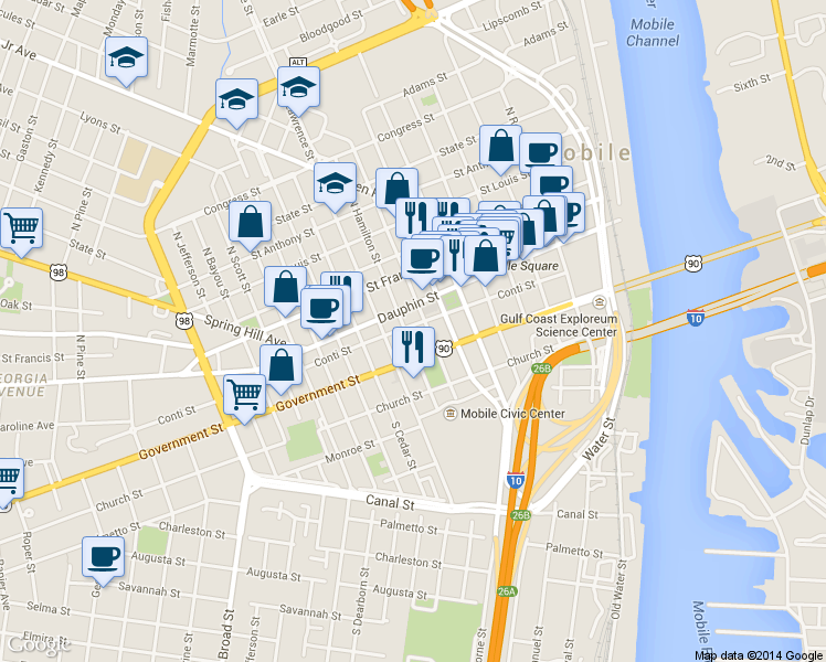 map of restaurants, bars, coffee shops, grocery stores, and more near 407 Conti St in Mobile