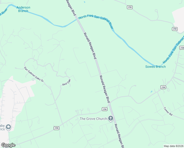 map of restaurants, bars, coffee shops, grocery stores, and more near Ronald Reagan Boulevard in Liberty Hill