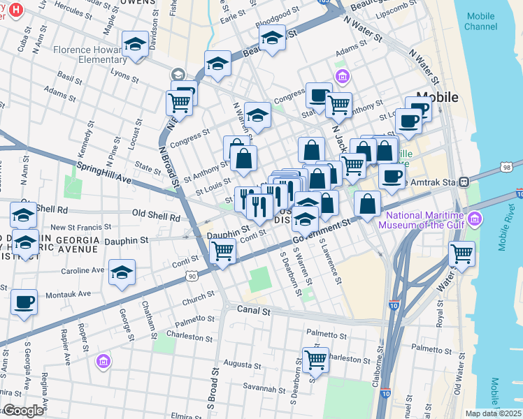 map of restaurants, bars, coffee shops, grocery stores, and more near 601 Saint Francis Street in Mobile
