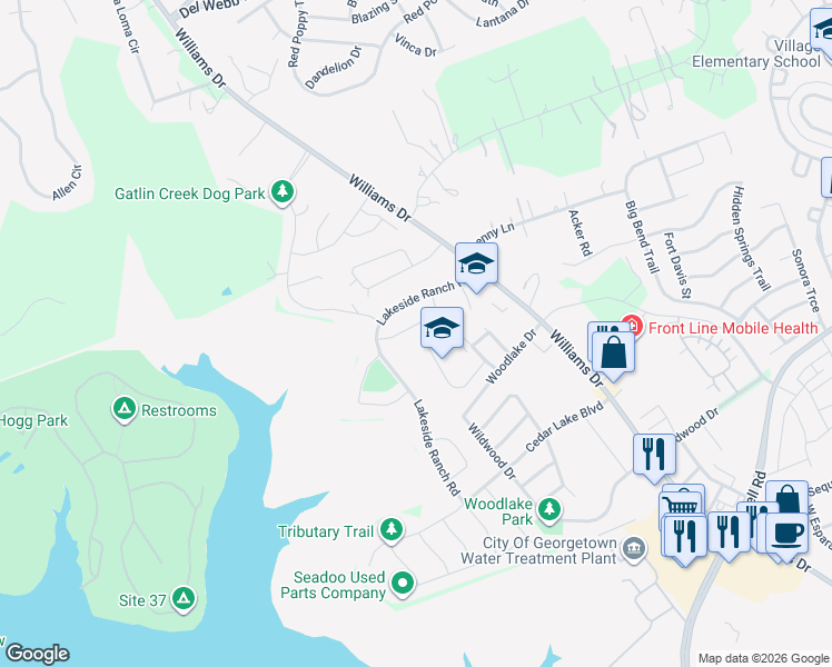 map of restaurants, bars, coffee shops, grocery stores, and more near 108 Lake Spring Circle in Georgetown