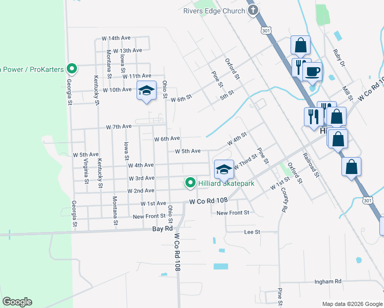 map of restaurants, bars, coffee shops, grocery stores, and more near 8221-8299 West 5th Avenue in Hilliard