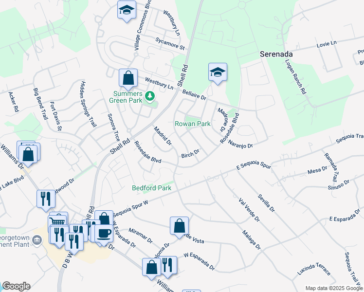 map of restaurants, bars, coffee shops, grocery stores, and more near 126 Bluehaw Drive in Georgetown
