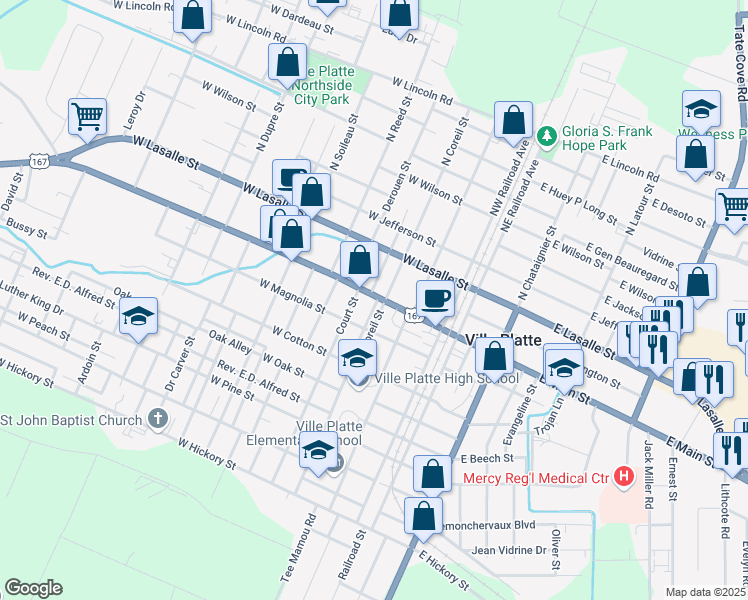 map of restaurants, bars, coffee shops, grocery stores, and more near 342 West Main Street in Ville Platte